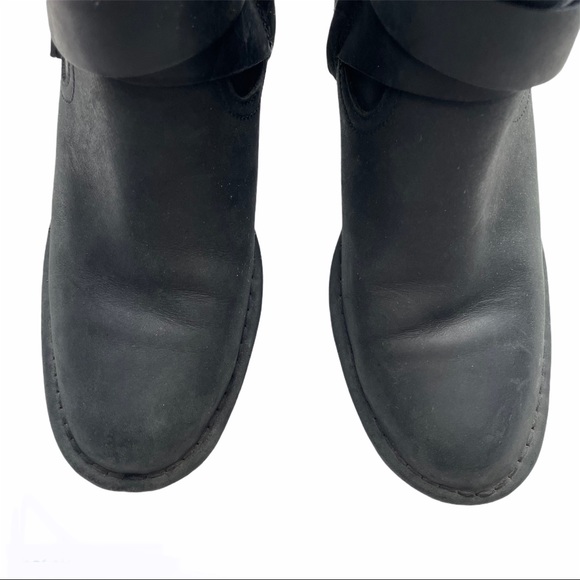 UGG Elysian Black Leather Round Toe Moto Boots Size 6 - Picture 2 of 11